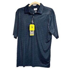 New Greg Norman Polo Shirt Mens Small Blue All Over Print Geometric Golf Wicking